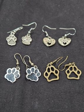 Paw Print Dangle Earrings Set - Silver & Gold Tones